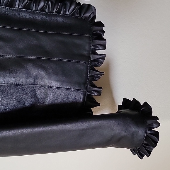 ST. JOHN COLLECTION BY MARIE GRAY Leather Jacket with Satin Ruffled Edges Sz 14 - Picture 3 of 16